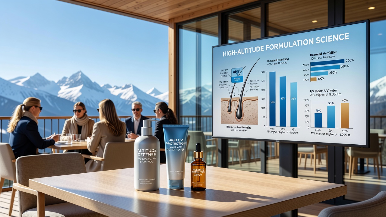 Close-up of hair product ingredients and formulations designed for high-altitude use in resort salons