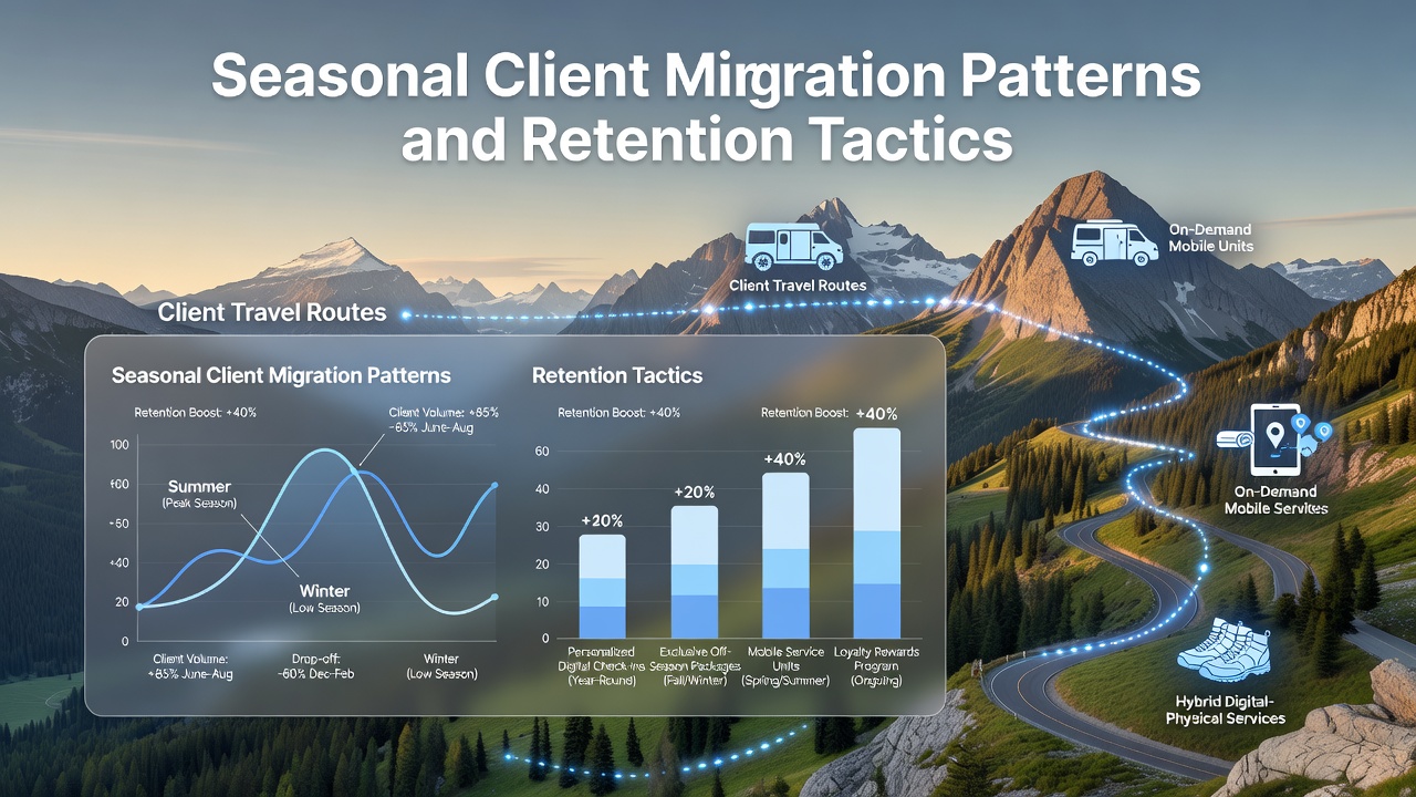 Mountain spa interior showing client retention tools like loyalty cards and seasonal promotions