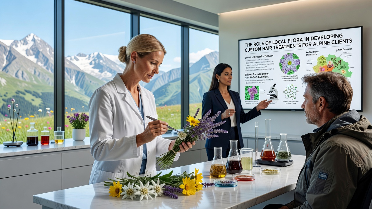 Custom hair treatment preparation using local alpine plant extracts in a mountain salon setting
